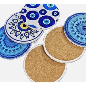 Set of‎ 6 Evil Eye Tile Coaster Set of 6,  protection Home Decor Coasters